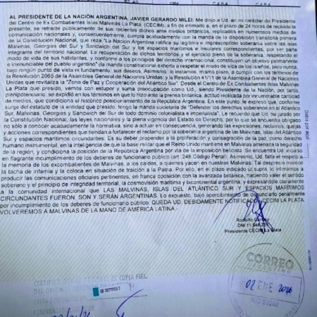 Ex Combatientes intiman a Milei por dichos ante medios Ingleses